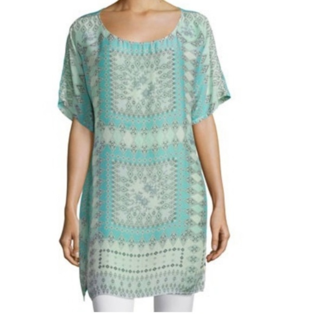 Johnny Was Arroyo Ice Long Tunic Top Short Sleeve Blue Cream Cupra Boho Bohem S